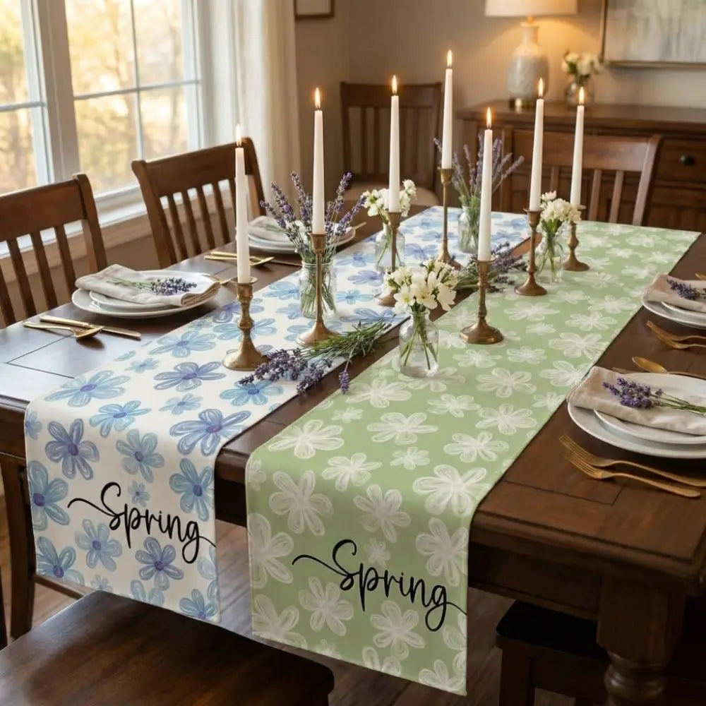 nappe table motif fleurs printemps calligraphie moderne bleu rose jaune vert blanc