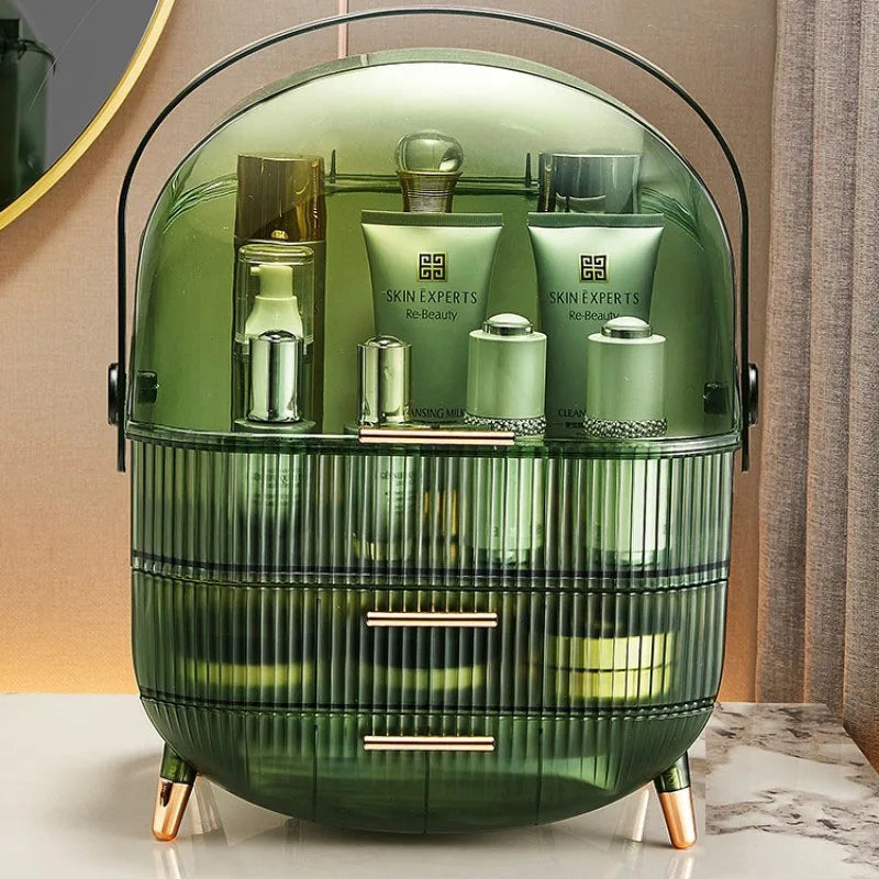boîte rangement cosmétique moderne noir vert élégante deux étages poignées skincare makeup caddy