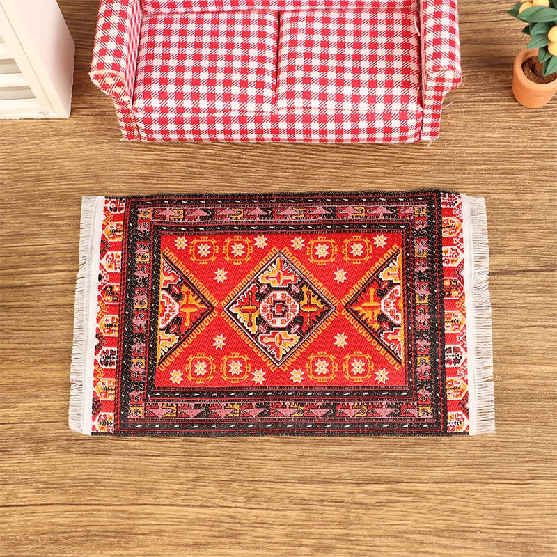 tapis miniature animaux nature ornements floraux motifs géométriques franges classique vert rouge
