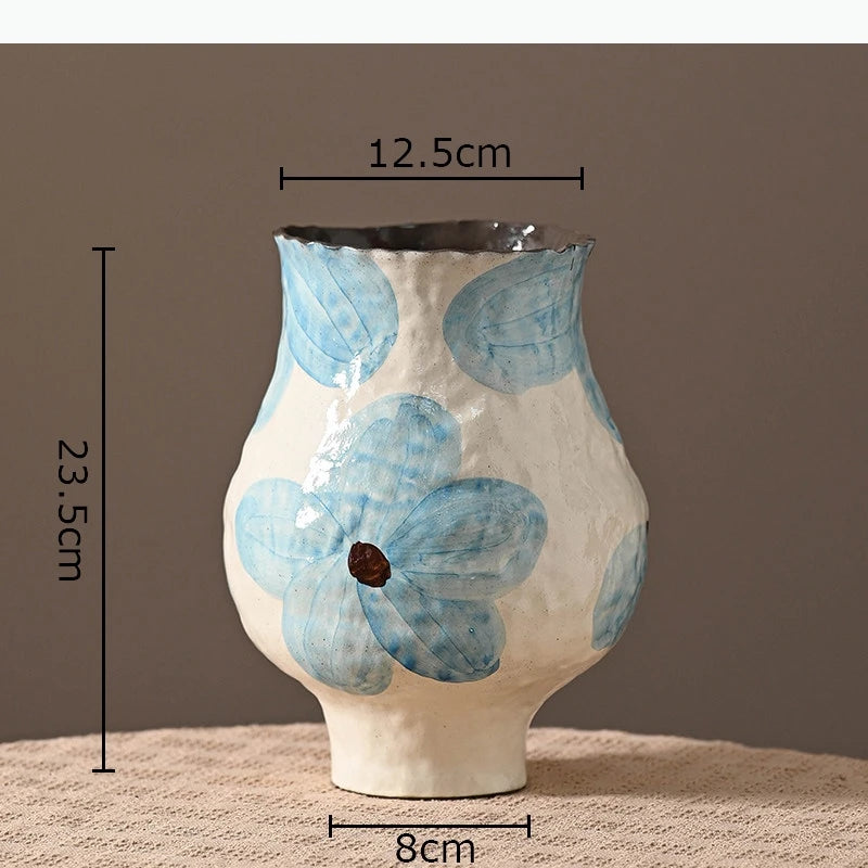vase moderne peinture abstraite blanc bleu vert jaune artisanal fleur table decoration piece
