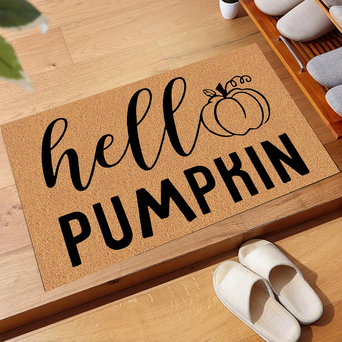 tapis d'entrée caoutchouc antidérapant imperméable hello pumpkin marron clair automnal résistant décolorationextérieurintérieur