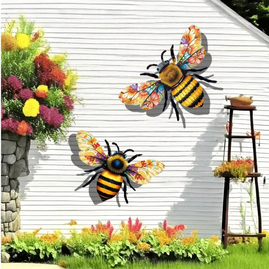 sculpture abeille métal couleur noir jaune artisanal extérieur intérieur motifs floraux papillon