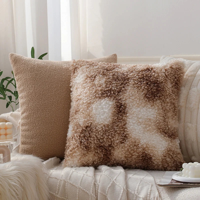 coussin patchwork géométrique beige carrés cercles doux hiver été 45x45cm
