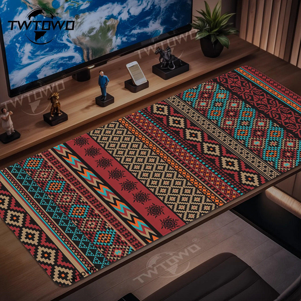 tapis souris géométrique rouge noir bleu beige adhésif moderne ethnique xl