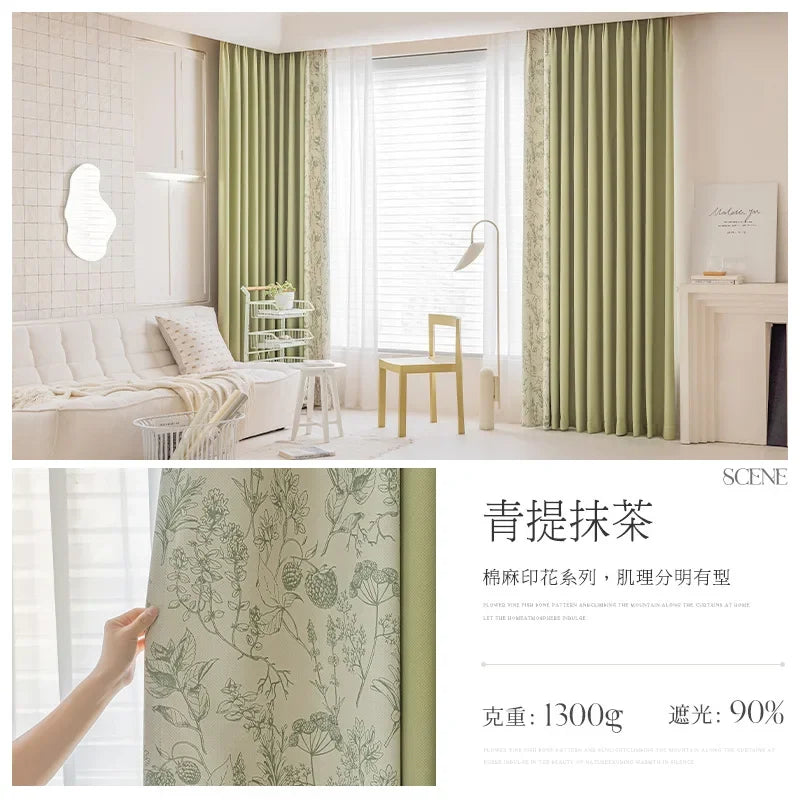 rideau occultant moderne vert olive motif floral beige salon chambre maison intérieur