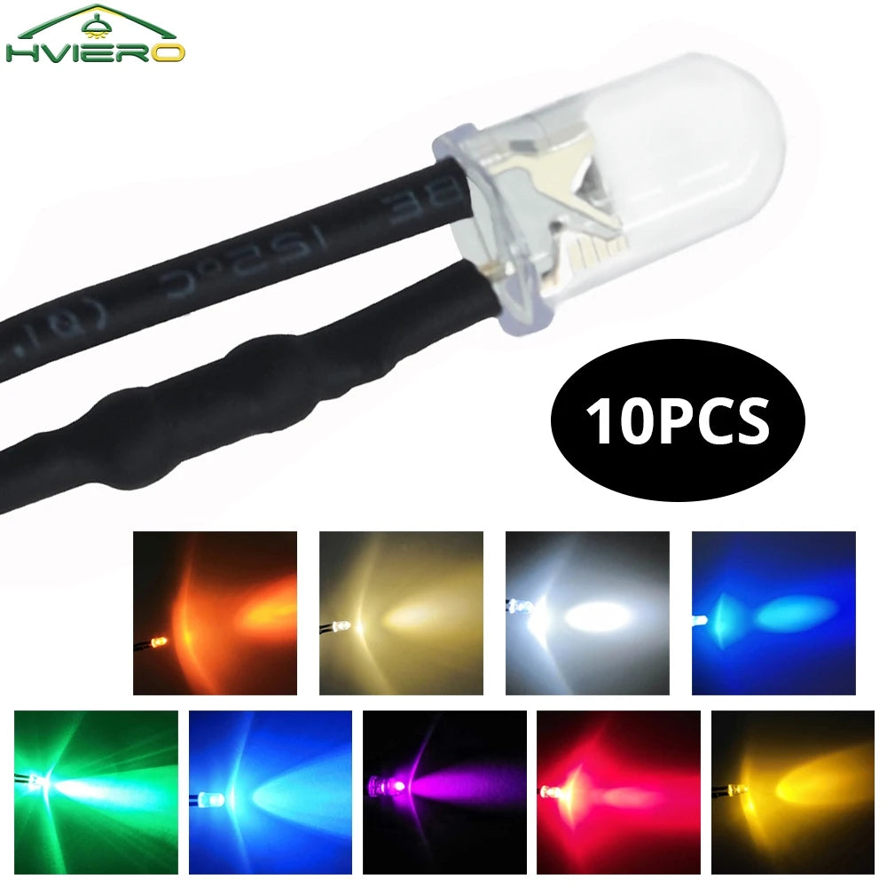 ampoules led ronde transparentes 5mm 12v 20cm câble 10pcs bleu vert rouge blanc chaud