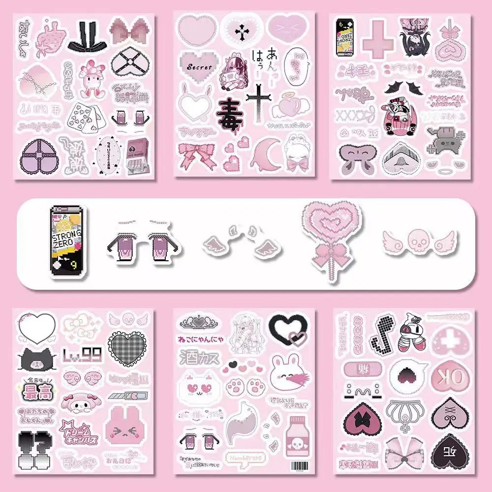 sticker kawaii pixel art rose blanc noir adhésif dessins animés coeurs chats 103pcs