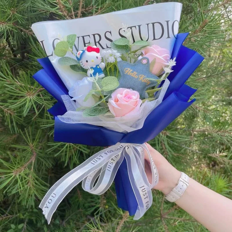 bouquet fleurs artificielles rose blanches hello kitty coeurs romantique décoration intérieur anniversaire mariage