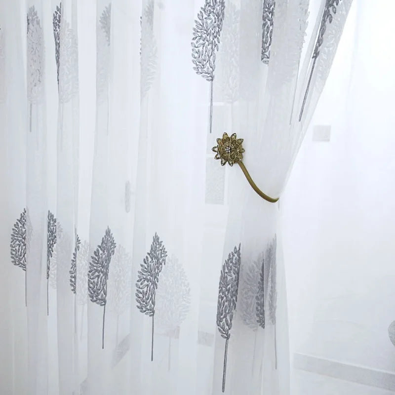 rideau tulle feuilles stylisées blanc gris moderne fenêtre 100cm 200cm clips