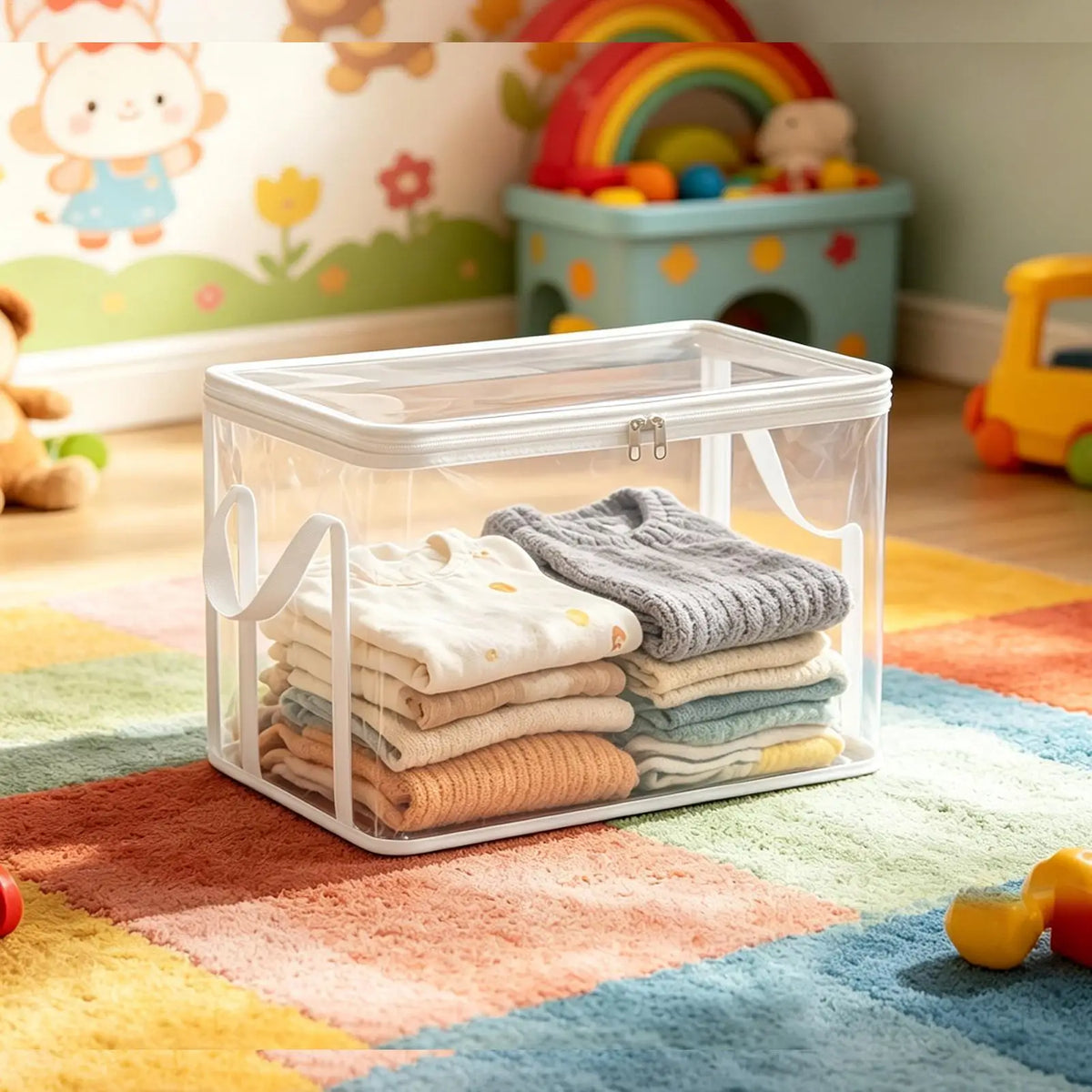 boîtes rangement transparentes modernes pliables poignées noir vêtements jouets peluches salon chambre