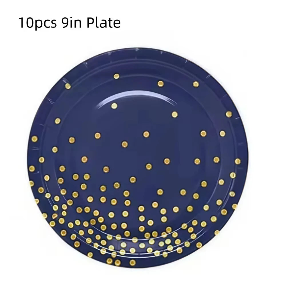 vaisselle jetable moderne assiettes bleu marine fourchette cuillère nappe dorée points festif