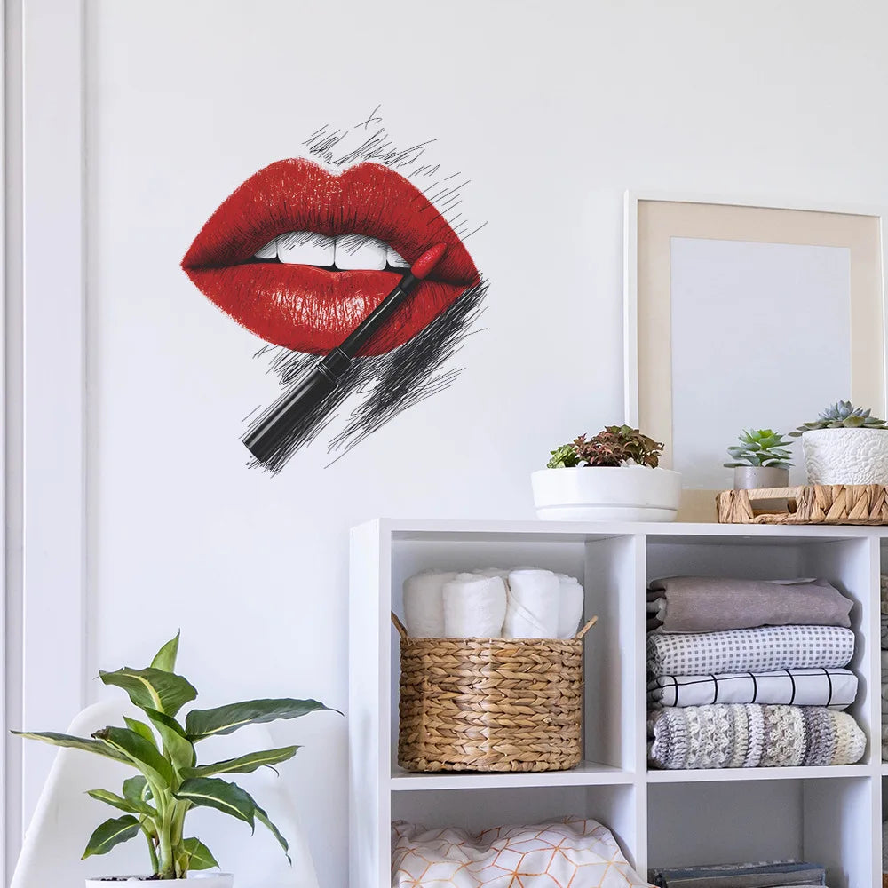 sticker mural moderne lèvres rouges adhésif pvc résistant eau salon chambre