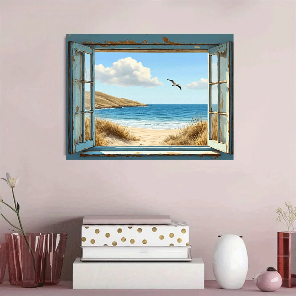 tableau mural paysage marin plage dunes mouette ciel bleu nuages réaliste sans cadre horizontalDecorationMuraleCotiere