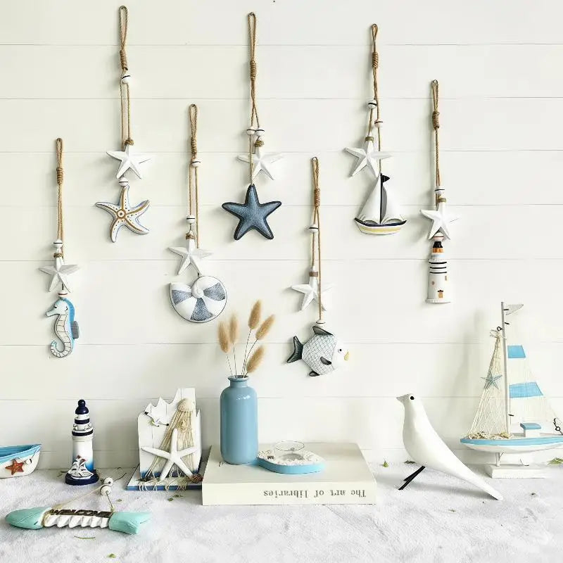 décorations murales marine poissons hippocampes étoiles mer phare cordelette blanc bleu beige gris deco