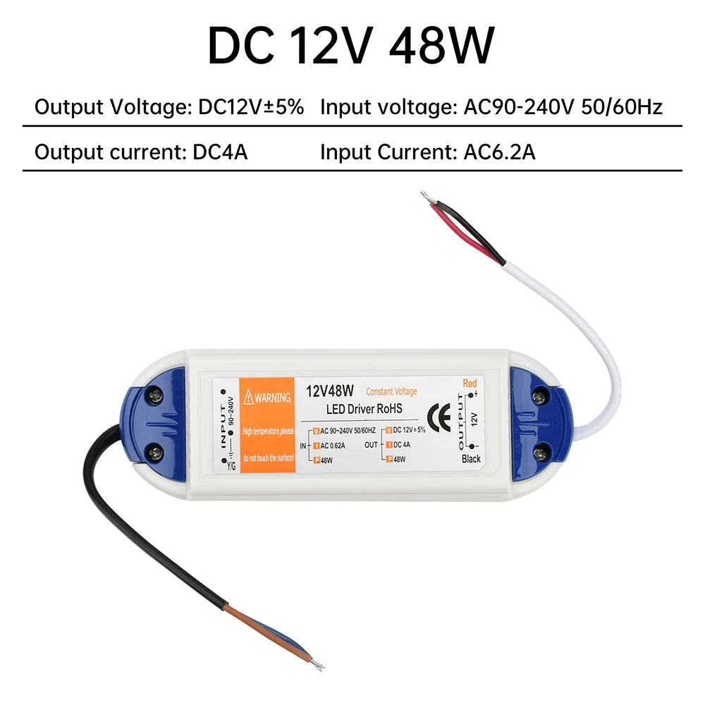 transformateur led 12v alimentation 18w 28w 48w blanc bleu adhésif câbles noirs blancs moderne