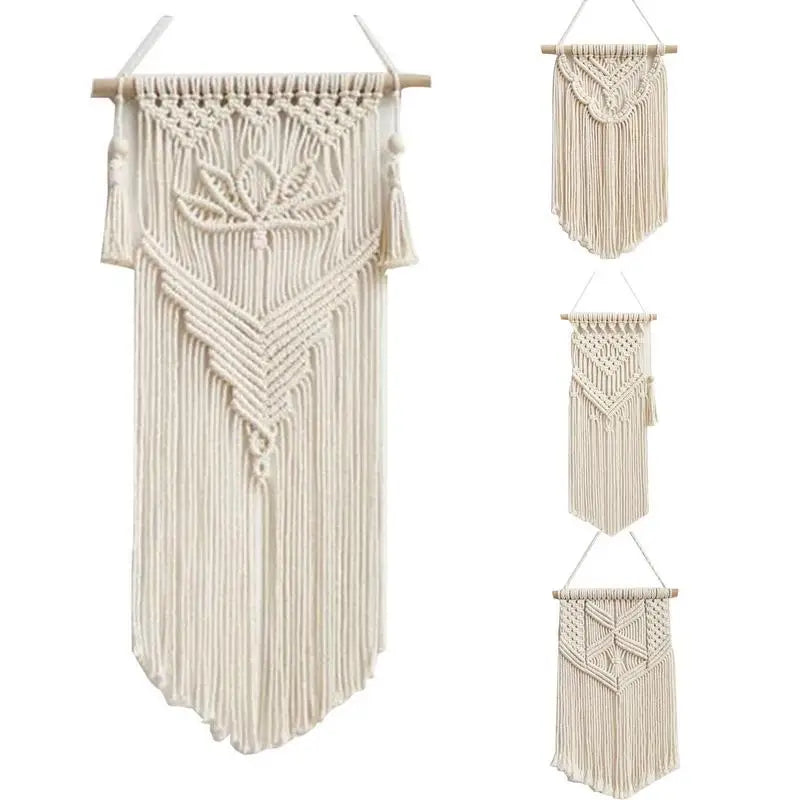 décoration murale macramé géométrique bohème franges suspendu tige bois ethnique artisanal triangles losanges