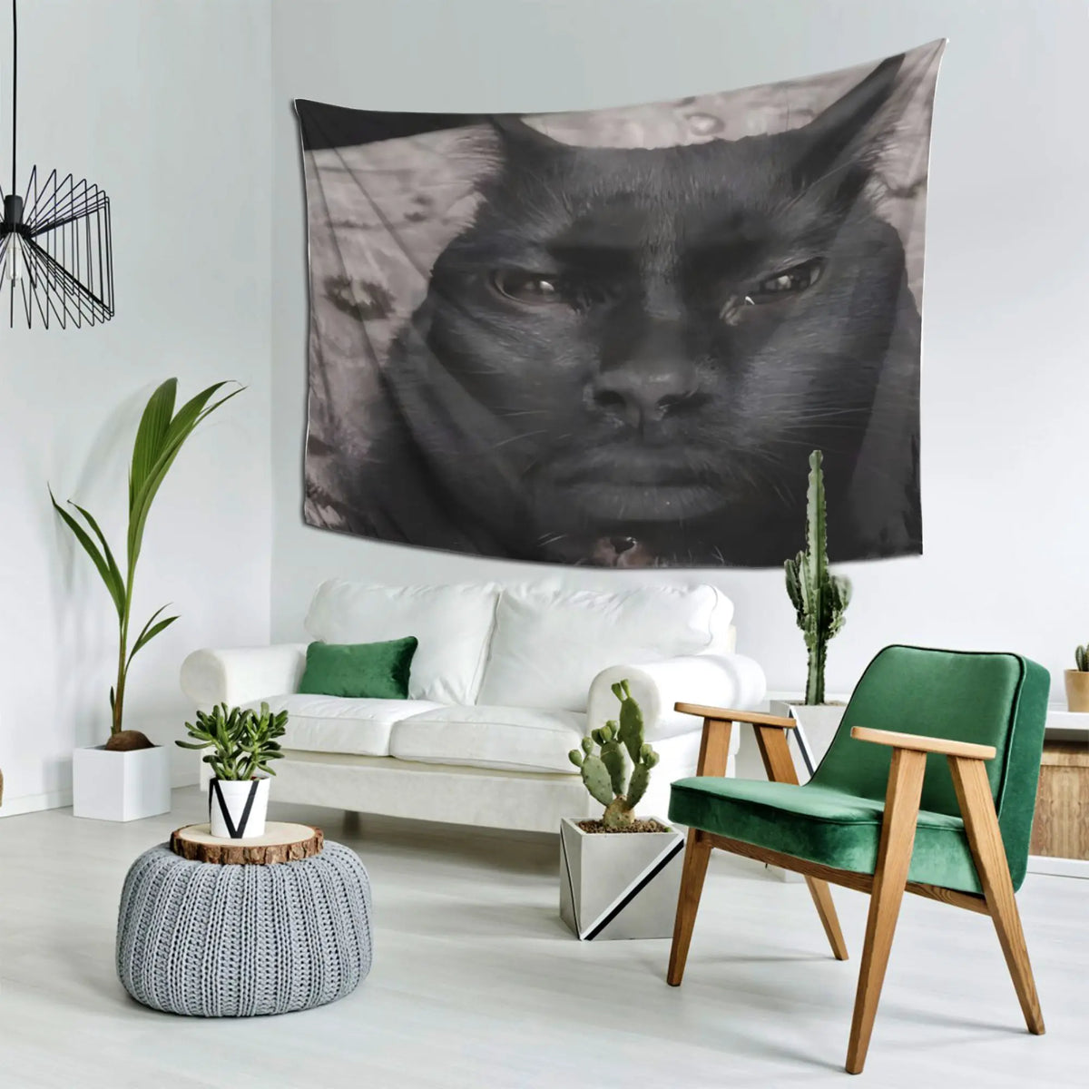 tapisserie moderne visage chat noir fond blanc personnalisée salon chambre entrée