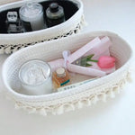 panier rangement tissu coton blanc franges boho chic savon parfum téléphone bougie