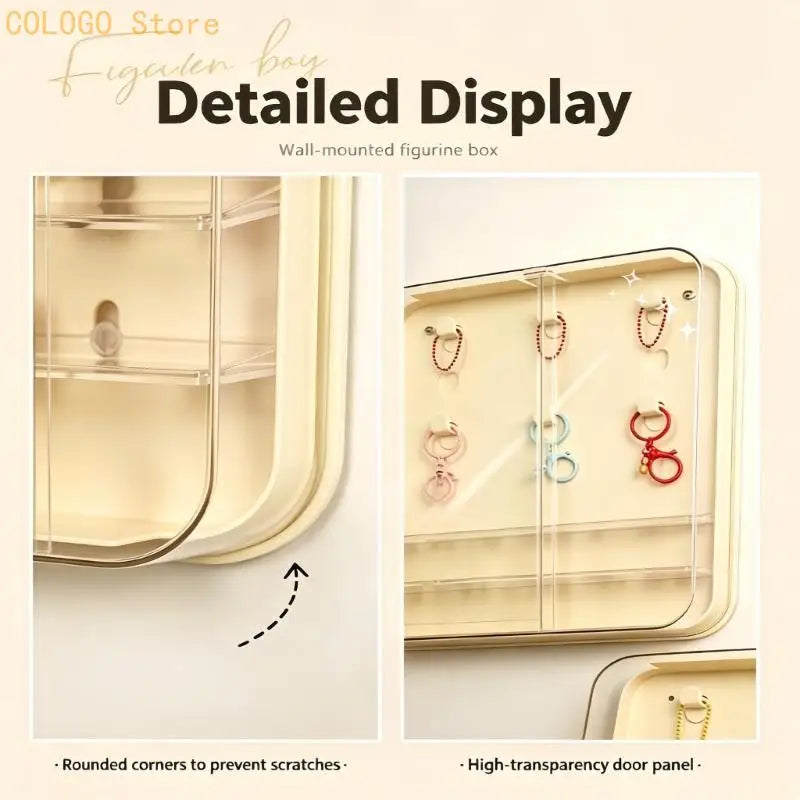 boîte figurines murale transparente moderne beige clair rangées crochets adhésif plastique abs