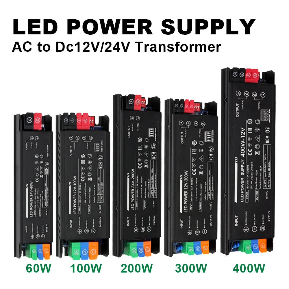 transformateur alimentation led 12v 24v 60w 100w 200w 300w 400w noir clips moderne