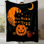 Une nuit d'Halloween avec un château hanté, des citrouilles et une lune brillante dans un ciel étoilé.