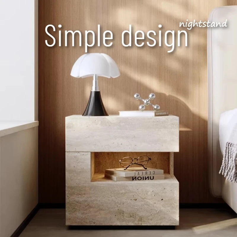 meuble chevet moderne minimaliste deux tiroirs lampe éclairage intégré étagère ouverte aspect pierre naturelle