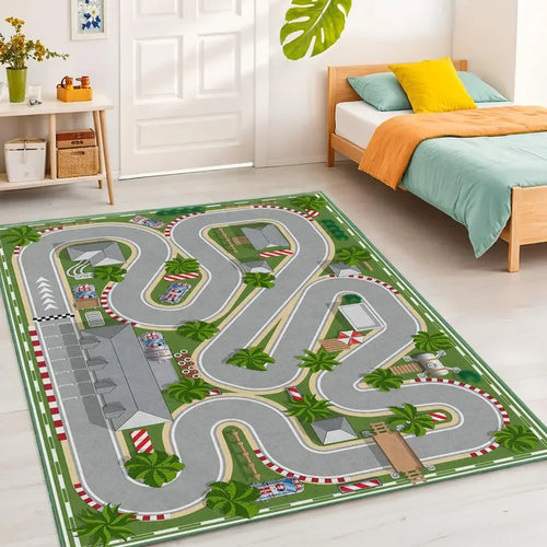 tapis moderne course enfants voitures palmiers vert gris blanc rouge bleu orange salon chambre