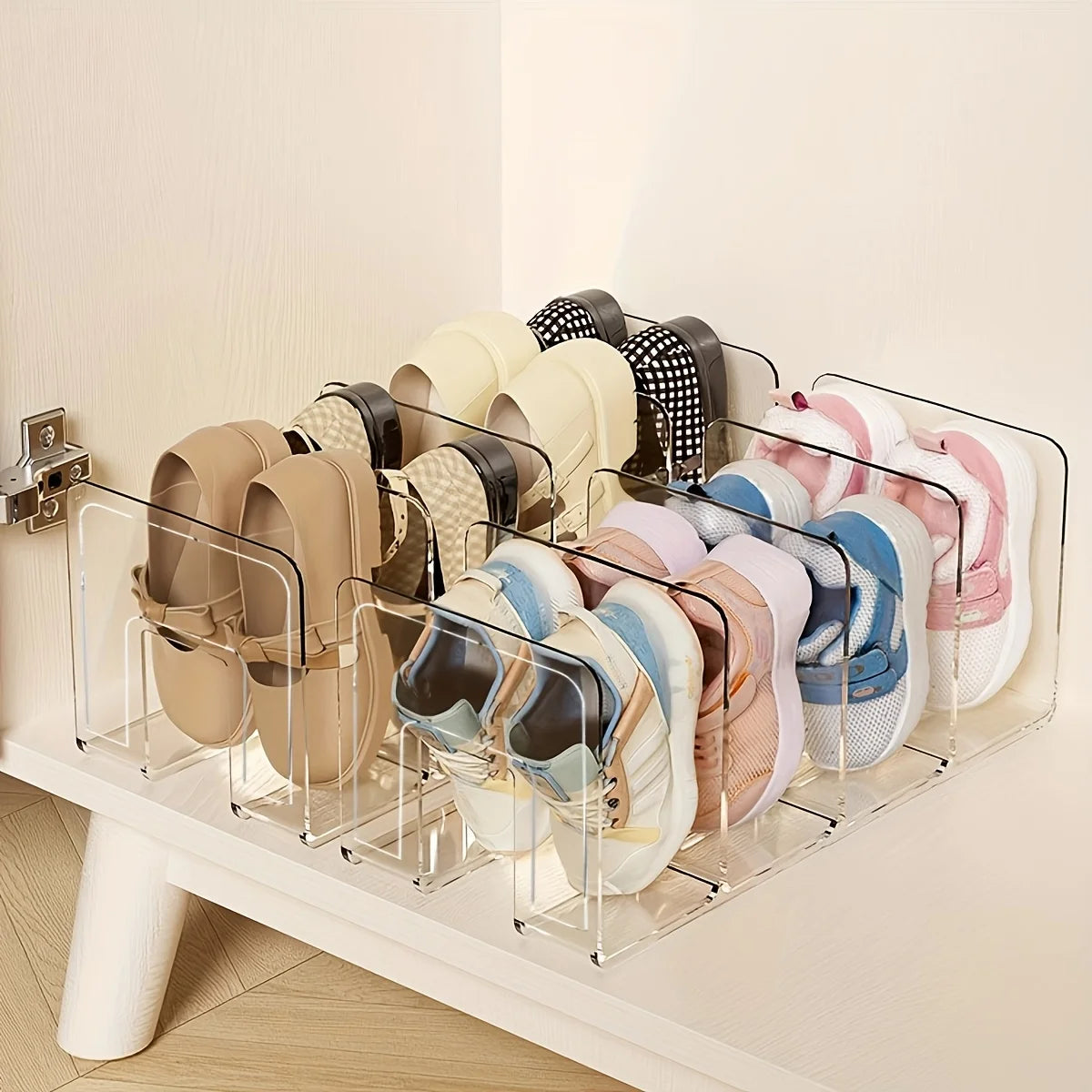 organiseur chaussures transparent moderne réutilisable support mural trois pièces fixations visibles rangement chambre
