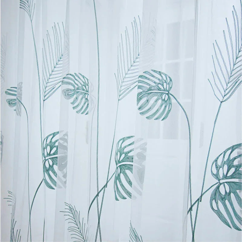 rideau tulle feuilles tropicales blanc vert clair moderne translucide 100cm largeur