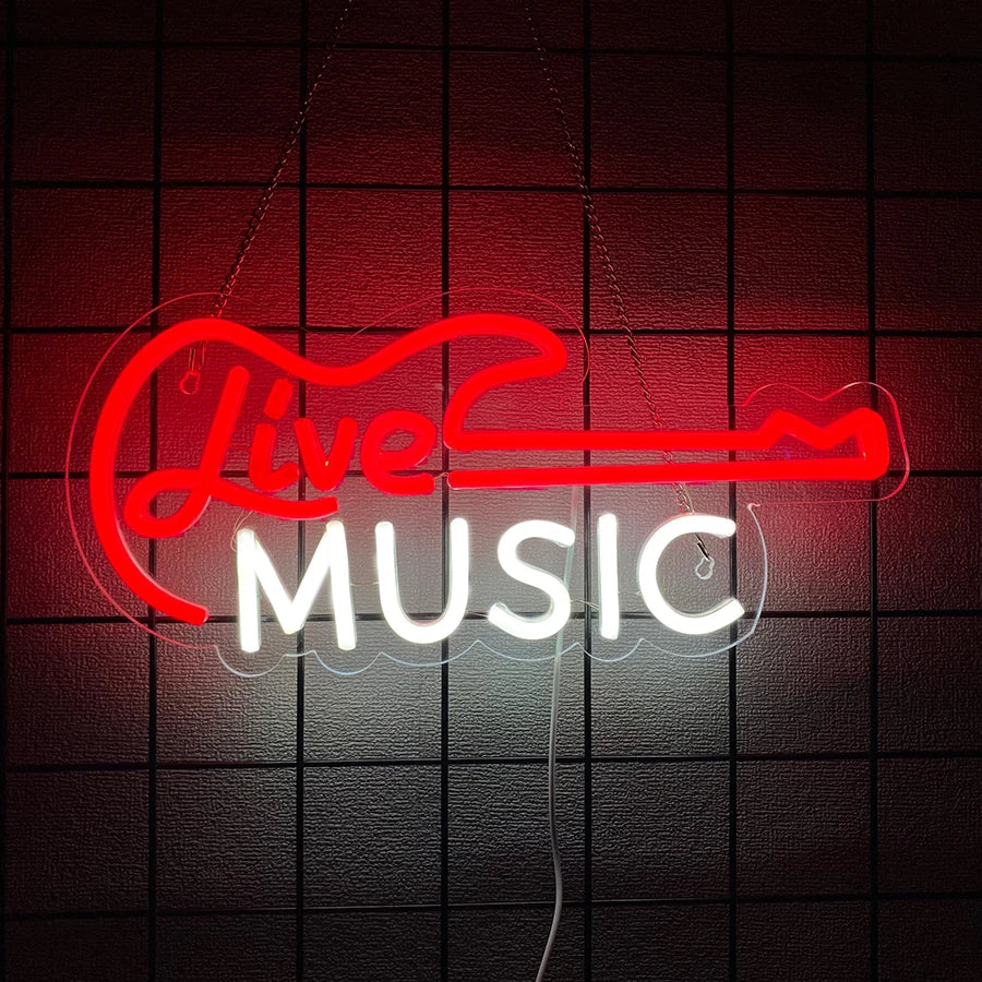néon lumineux guitare rock roll live music couleur rouge bleu jaune blanc fixations