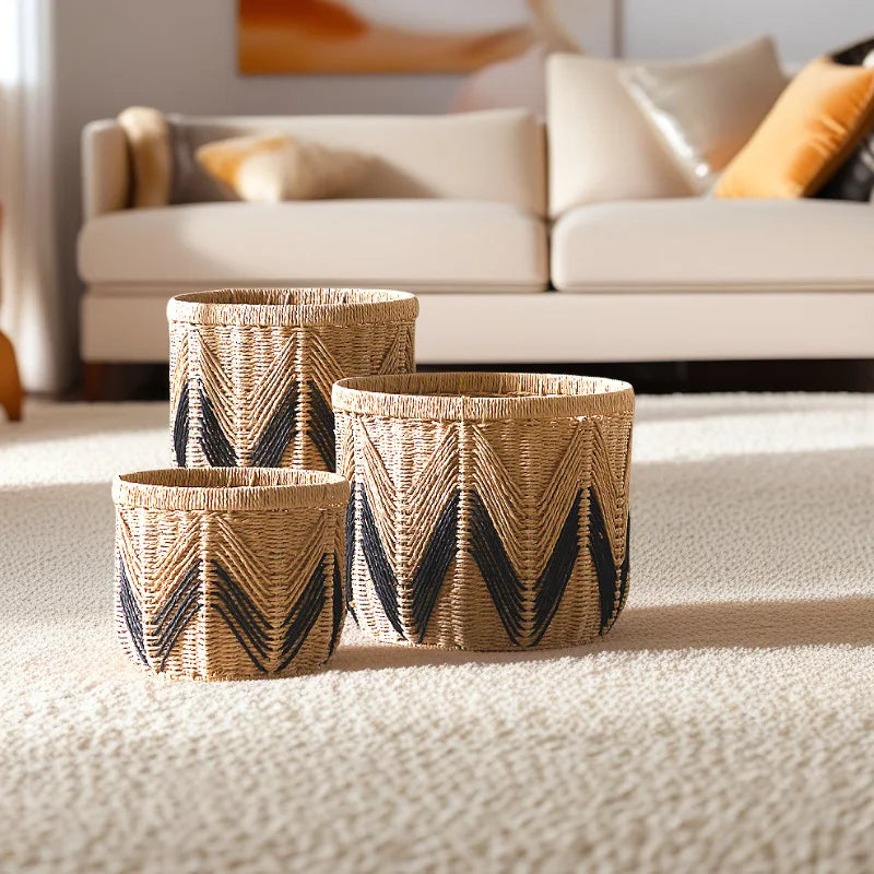 paniers rangement réutilisables fibre végétale couleur beige motif zigzag ethnique petit moyen grand