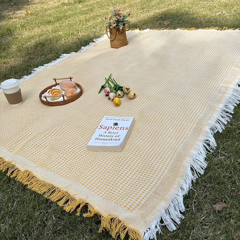 tapis plage rose blanc boho chic rayures diagonales franges pique nique extérieur portable
