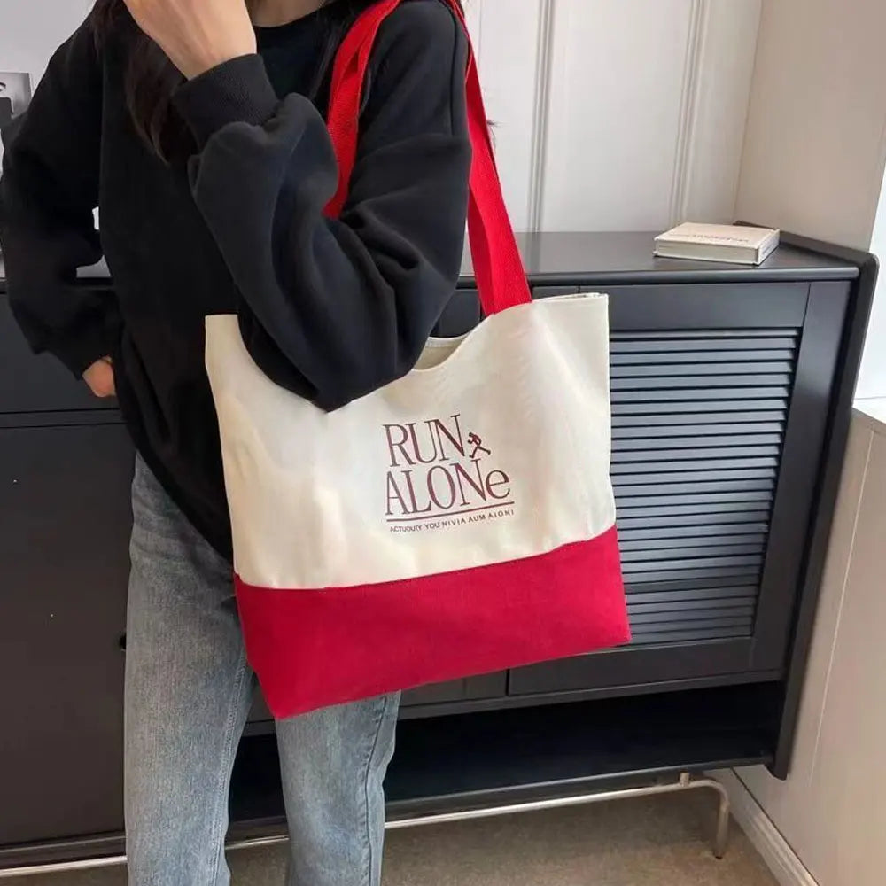 sac main toile blanc rouge lettres noires imprimées casual opaquet fourre tout décontracté polyvalent