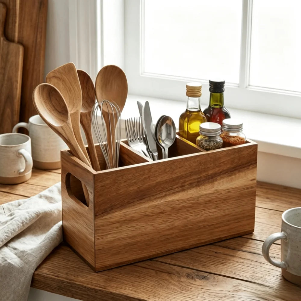 rangement couverts bois ustensiles cuisine multiusage rustique moderne fourchettes couteaux cuillères louches fouet bouteilles