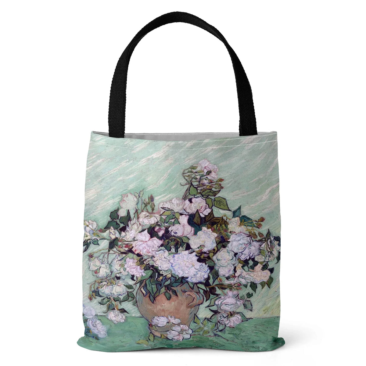 sac main polyester fleurs iris paysage moderne vert bleu beige noir poignées
