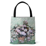 sac main polyester fleurs iris paysage moderne vert bleu beige noir poignées