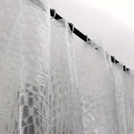 rideau douche transparent géométrique moderne pvc paillettes blanc argenté tringle noire anneaux crochets