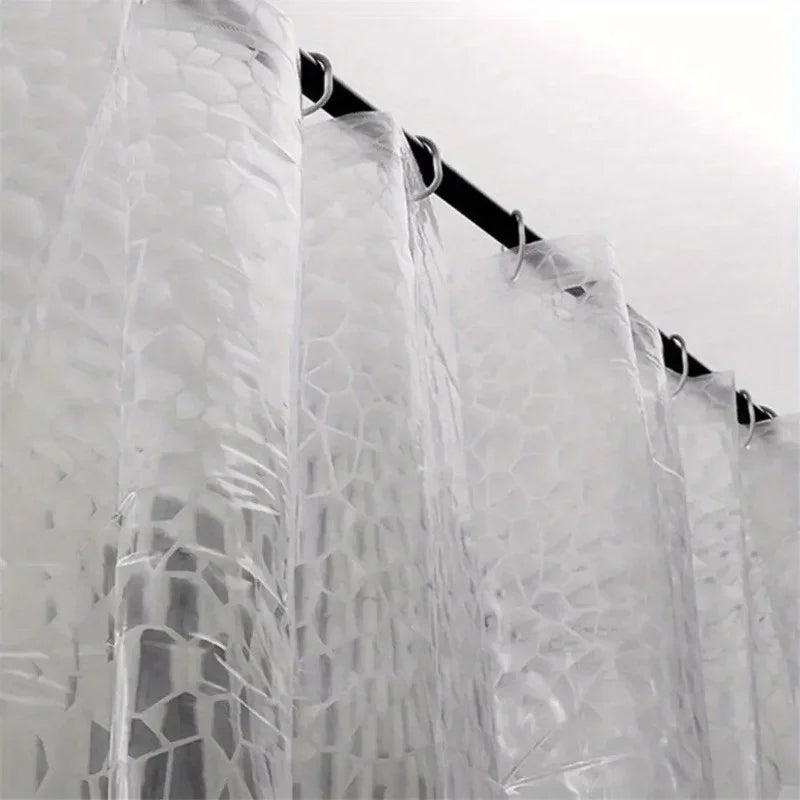 rideau douche transparent géométrique moderne pvc paillettes blanc argenté tringle noire anneaux crochets