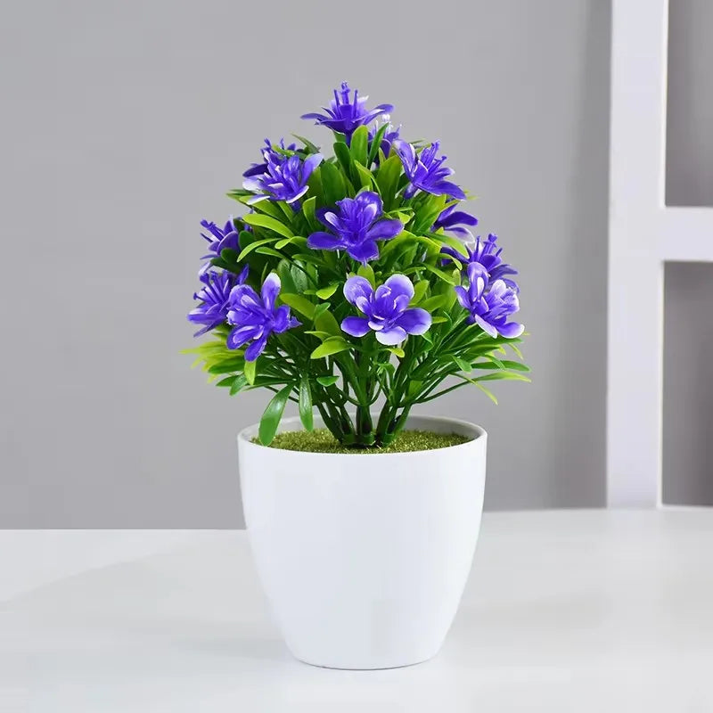 plantes artificielles bonsaï violettes rouges jaunes blanches pot blanc mousse verte décoration moderne extérieur