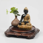 supports décoration bois sculpté artisanal traditionnel marron foncé fleurs vases bouddhas encens plantes bonsaï