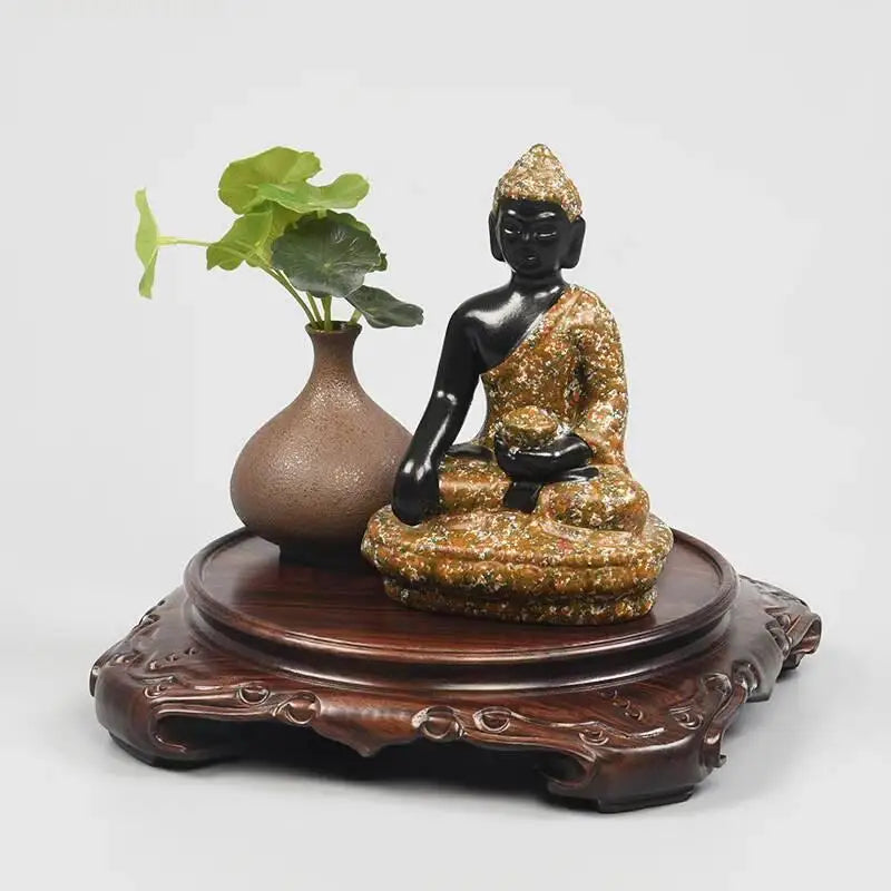 supports décoration bois sculpté artisanal traditionnel marron foncé fleurs vases bouddhas encens plantes bonsaï