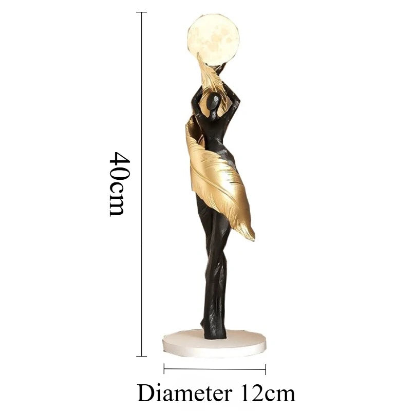 sculpture décorative moderne figure féminine globe lune noir blanc bleu clair résine chambre salon