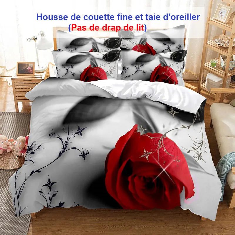 Parure de lit complète avec housse et taies d'oreiller rose rouge