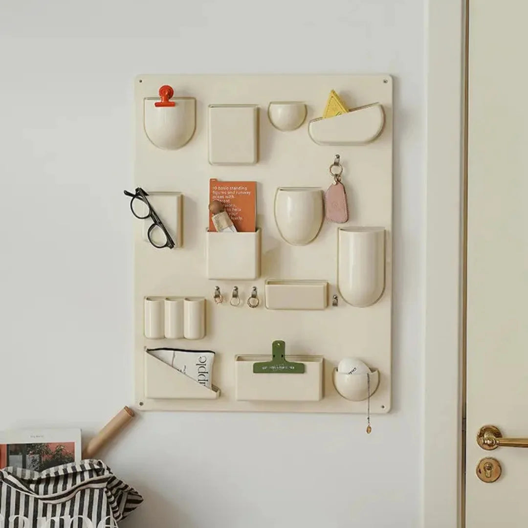panneau rangement mural blanc moderne porte clés stylos ciseaux cartes sacs pince linge porte