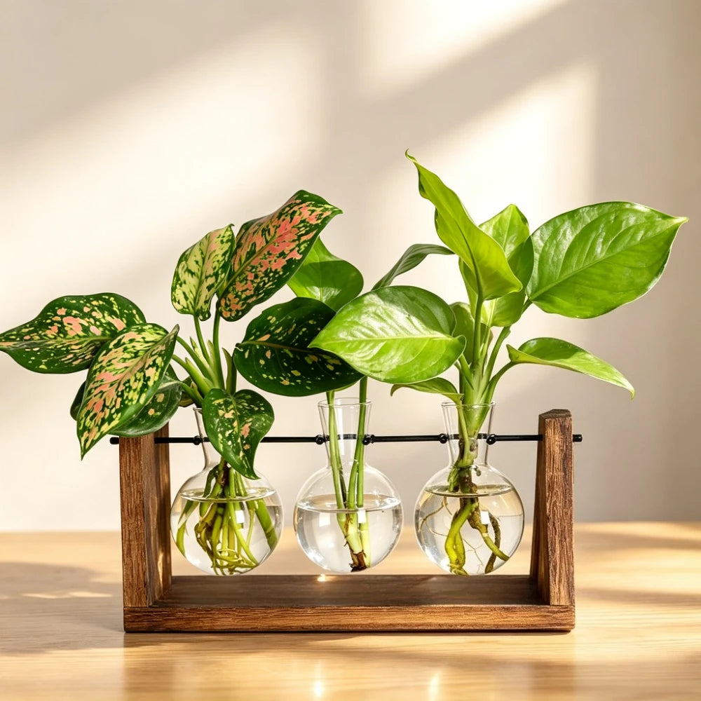 support plantes verre moderne bois marron clair vase transparent feuilles vertes multicoloresintérieur décoration
