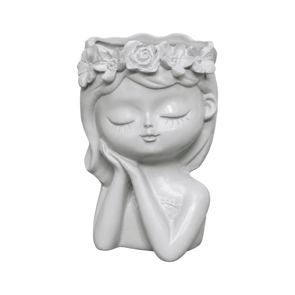 pots fleurs résine buste féminin couronne fleurs gris clair expression sereine zen bohème floral