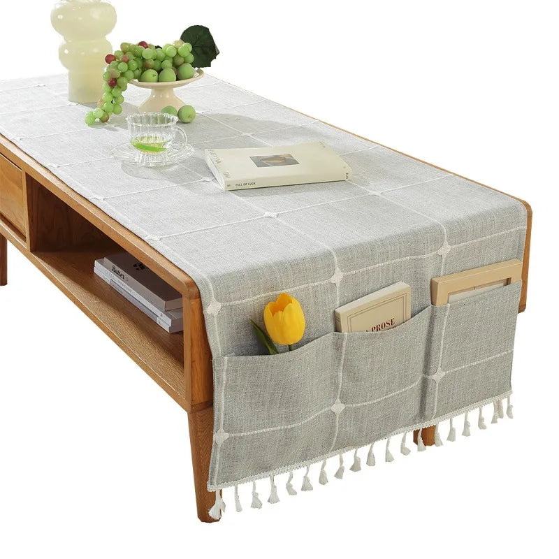 couverture table moderne polyester beige clair franges poches imperméable réutilisable machine laver