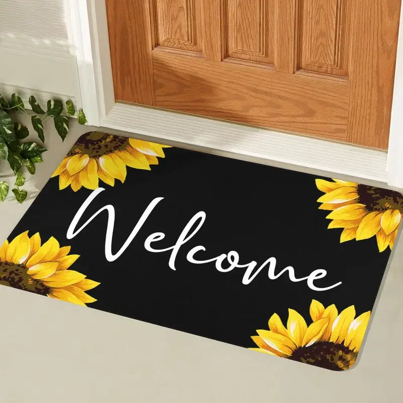 tapis d'entrée moderne lettrage welcome noir blanc jaune motifs tournesols antidérapant polyester 40x60cm