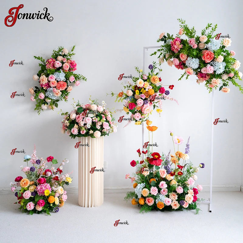 bouquets fleurs artificielles rose romantique arches intérieures décoration mariage anniversaire fêtes
