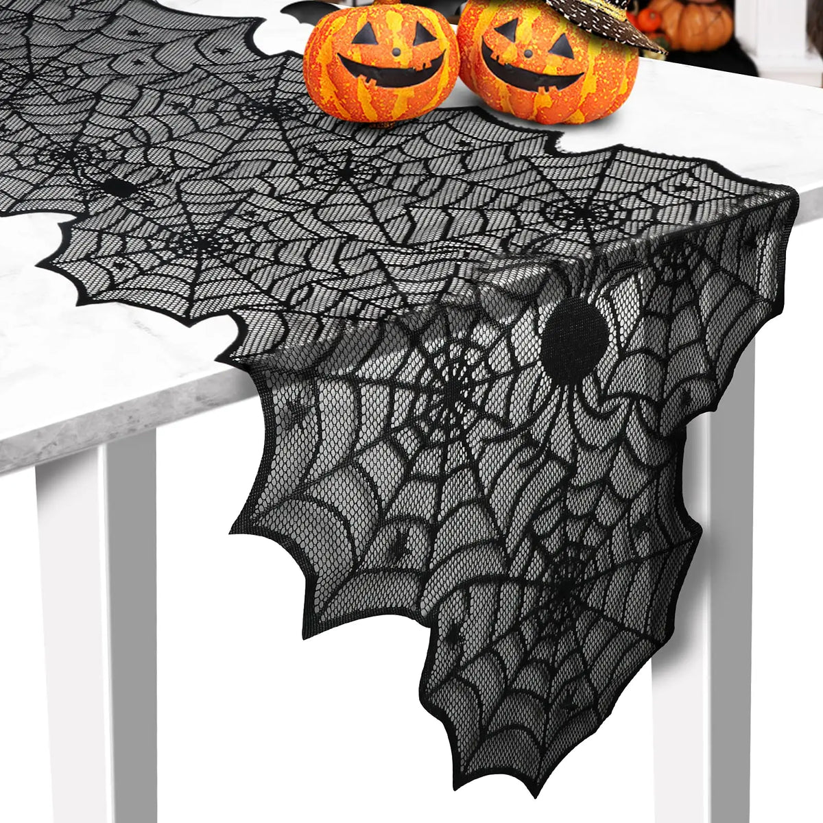 nappe décorative halloween toile d'araignée citrouilles squelettes chauves souris festif table noire orange
